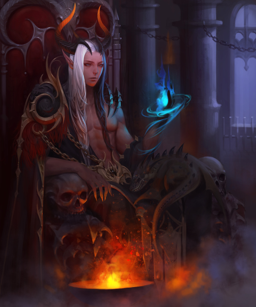 1boy absurdres animal animal_on_lap belt_buckle buckle chains commentary_request fire highres horns hue_(5179507) lizard male_focus muscular on_lap photoshop_(medium) pointy_ears sheep_horns shingoku_no_valhalla_gate sitting skull throne white_eyes