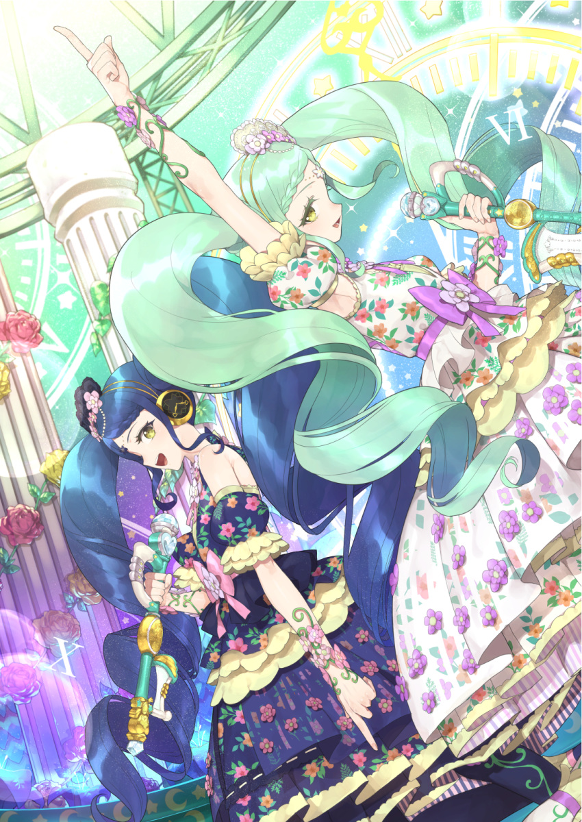 2girls :d arm_up armpits back-to-back blue_dress blue_hair bow braid braided_bangs clock column commentary_request detached_sleeves dress dutch_angle falala_a_larm floral_print flower frilled_dress frilled_sleeves frills from_side garara_s_leep glowing green_hair hand_up head_chain headphones highres hitoto holding holding_microphone idol idol_clothes idol_time_pripara index_finger_raised jewelry long_hair looking_at_viewer microphone multiple_girls music open_mouth pillar pink_bow pink_flower pink_rose pretty_series print_dress pripara puffy_detached_sleeves puffy_sleeves purple_bow ringlets rose siblings sidelocks singing sisters smile twins twintails very_long_hair white_dress wrist_flower yellow_eyes yellow_flower yellow_rose