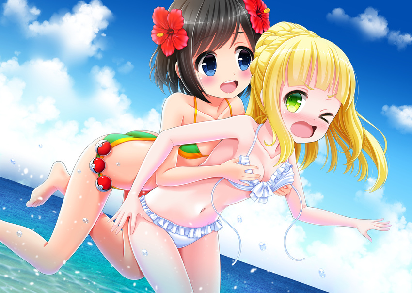 2girls absurdres angry arm_up ass bare_shoulders bikini black_hair blonde_hair blue_background blue_eyes bluebird_(bluebird90) blush bow braid breast_grab breasts cleavage cloud collarbone feet flower french_braid green_bikini green_eyes hair_flower hands_up jumping lillie_(pokemon) looking_back medium_breasts mizuki_(pokemon_sm) multiple_girls navel ocean one_eye_closed open_mouth outdoors pokeball red_flower short_hair sky smile standing swimsuit teeth wardrobe_malfunction water white_bikini white_bow wink