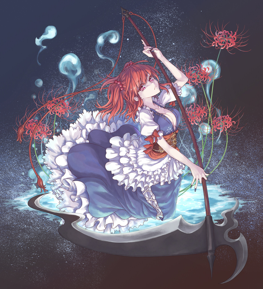 breasts cleavage commentary_request female flower hair_bobbles hair_ornament highres looking_at_viewer medium_breasts mumulatte onozuka_komachi pink_eyes red_hair scythe short_hair solo spider_lily touhou two_side_up