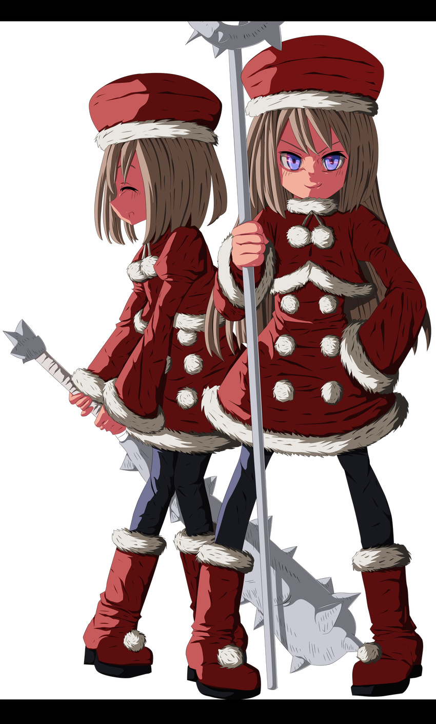 2girls absurdres alternate_costume blue_eyes blush brown_hair club_(weapon) commentary english_commentary full_body hat highres kanabou long_hair multiple_girls neptune_(series) open_mouth pantyhose planeptune ram_(neptunia) rom_(neptunia) santa_costume short_hair siblings sisters smile spiked_club staff transparent_background weapon