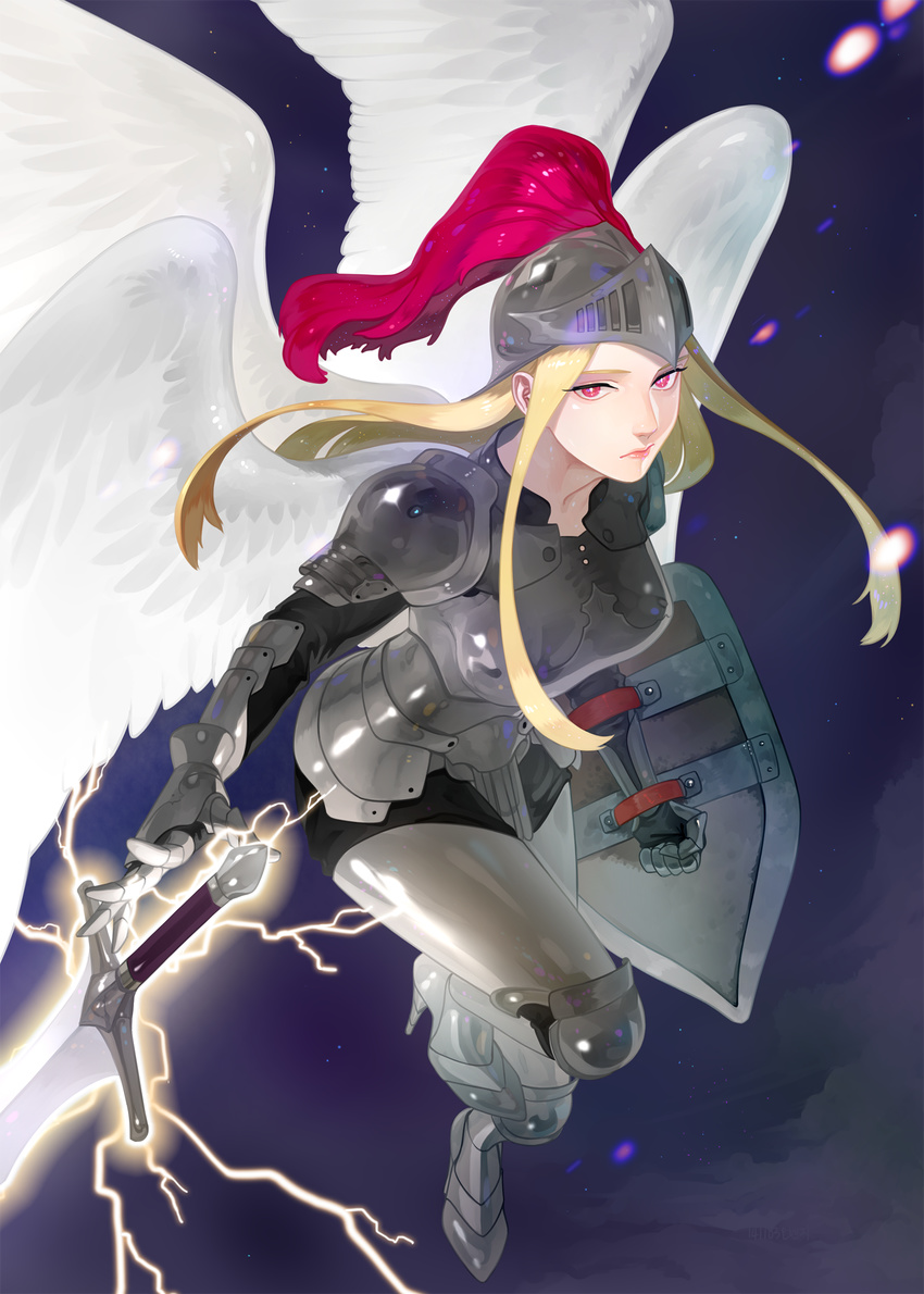 angel_wings armor armored_boots blonde_hair boobplate boots breastplate breasts closed_mouth commentary_request electricity expressionless feathered_wings feathers female floating flying full_armor full_body gauntlets greaves helmet high_heels highres holding holding_shield knee_pads lips long_hair looking_at_viewer medium_breasts multiple_wings orangekira outstretched_arm pauldrons pink_eyes plume shield shingoku_no_valhalla_gate shoulder_armor shoulder_pads sidelocks solo sparkle sword unsheathed weapon white_wings wings