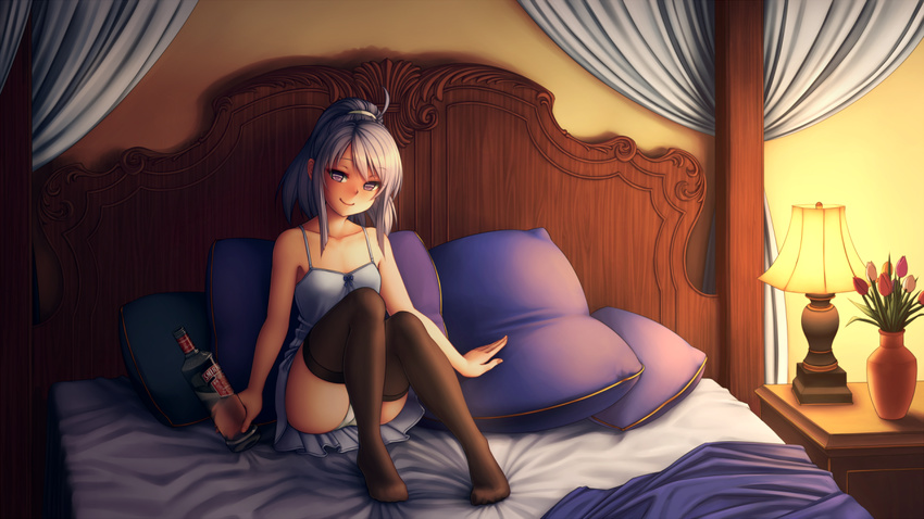 ahoge bare_shoulders bed bottle brown_legwear canopy_bed chemise female flower lamp long_hair looking_at_viewer mimi_(mnemosyne) mnemosyne monorus on_bed panties pantyshot pantyshot_(sitting) pillow ponytail product_placement purple_eyes silver_hair sitting smile smirnoff_(vodka) solo thighhighs underwear vase white_panties