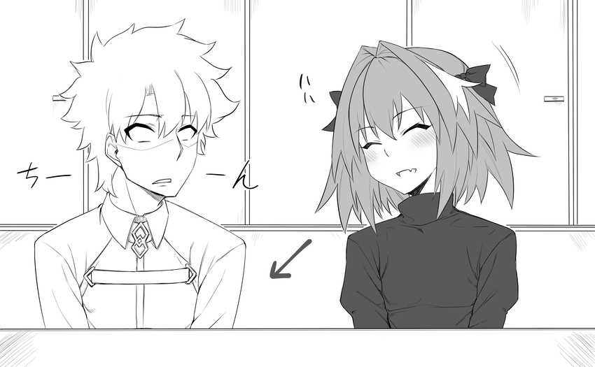 2boys ^_^ ^o^ absurdres araki_jeccy astolfo_(fate) bathroom blush chaldea_uniform closed_eyes commentary fate/apocrypha fate/grand_order fate_(series) fujimaru_ritsuka_(male) greyscale highres male_focus monochrome multiple_boys no_pupils penis_envy short_hair smile turn_pale urinal