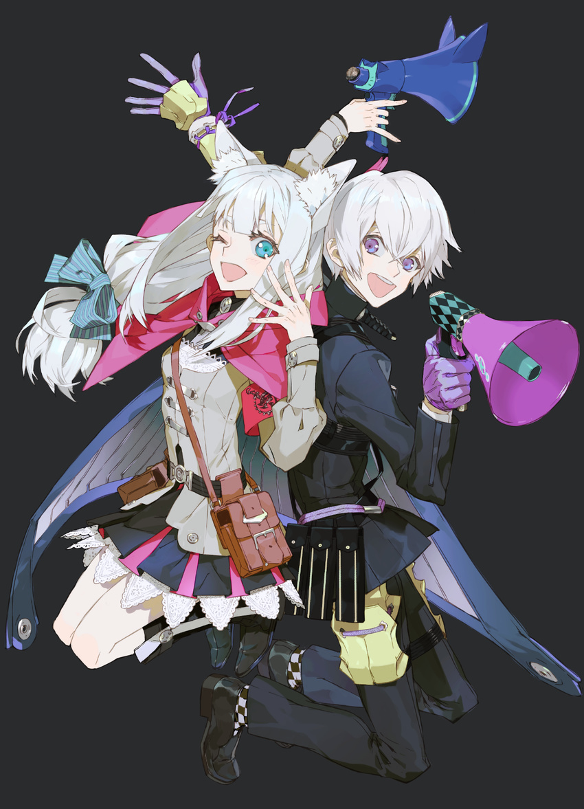 1boy 7th_dragon_(series) 7th_dragon_2020 7th_dragon_2020-ii ;d animal_ears back-to-back blue_eyes breasts chitrine_(7th_dragon) commentary_request female gloves grey_hair highres idol_(7th_dragon) jumping lucier_(7th_dragon) megaphone nishihara_isao one_eye_closed open_mouth purple_eyes samurai_(7th_dragon_series) silver_hair single_glove skirt small_breasts smile