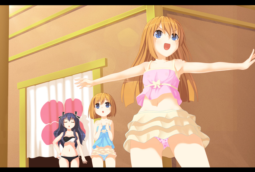 3girls absurdres black_hair blue_eyes blush brown_hair commentary commission frilled_skirt frills highres letterboxed long_hair multiple_girls neptune_(series) open_mouth photoshop_(medium) planeptune ram_(neptunia) red_eyes rom_(neptunia) short_hair siblings sisters skirt smile swimsuit twins uni_(neptunia)