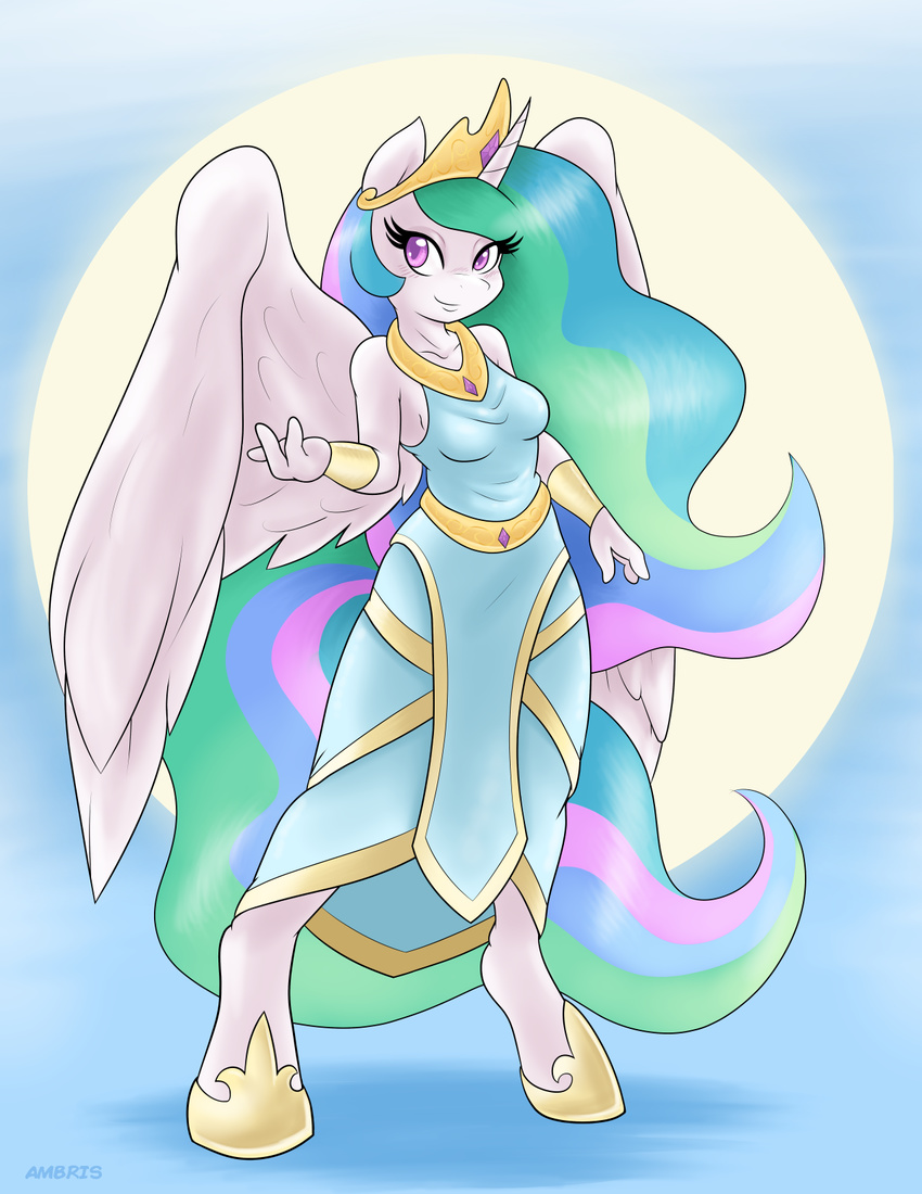 2015 alicorn ambris anthro anthrofied best_princess clothing crown dress equid equine feathered_wings feathers female friendship_is_magic fur hair hasbro headgear hi_res horn looking_at_viewer mammal multicolored_hair multicolored_tail my_little_pony mythological_creature mythological_equine mythology princess_celestia_(mlp) purple_eyes smile solo sun tail tiara white_body white_feathers white_fur wings