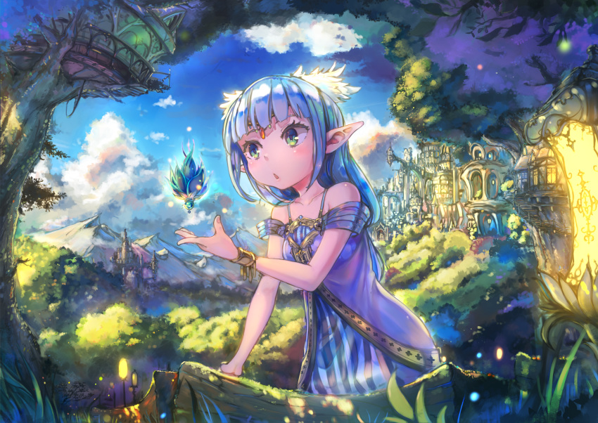 absurdres bare_shoulders blue_eyes blue_hair cloud collarbone commentary_request day elf fantasy female forest green_eyes highres looking_at_another mountain multicolored_eyes nattorin nature original outdoors pointy_ears scenery sky tree upper_body