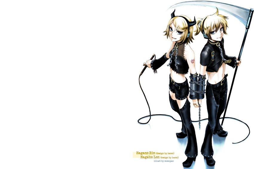 blonde_hair blue_eyes bondage chains collar headphones horns magane_len magane_rin momopanda navel scythe short_hair shorts weapon white