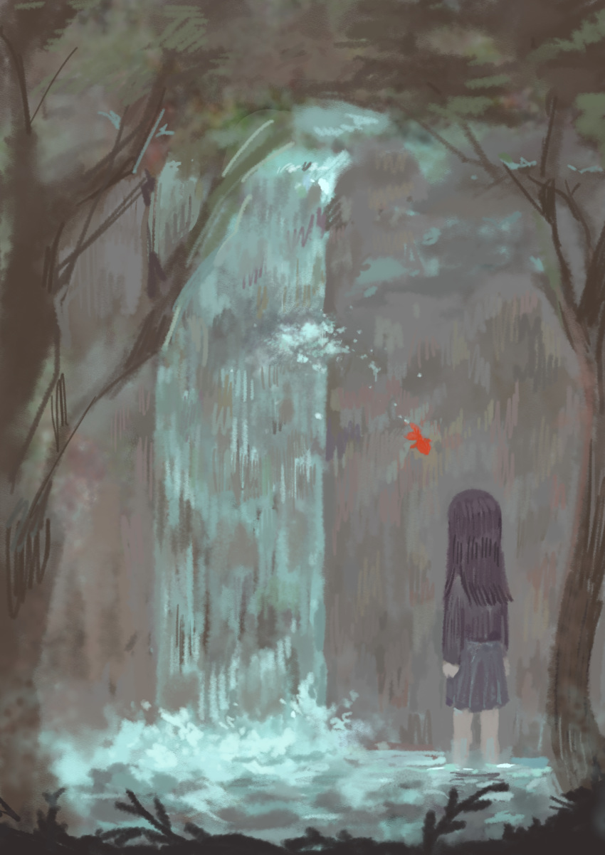 black_hair black_shirt black_skirt facing_away female fish flying_fish from_behind goldfish highres idk-kun long_hair original outdoors shirt skirt solo standing tree wading water waterfall