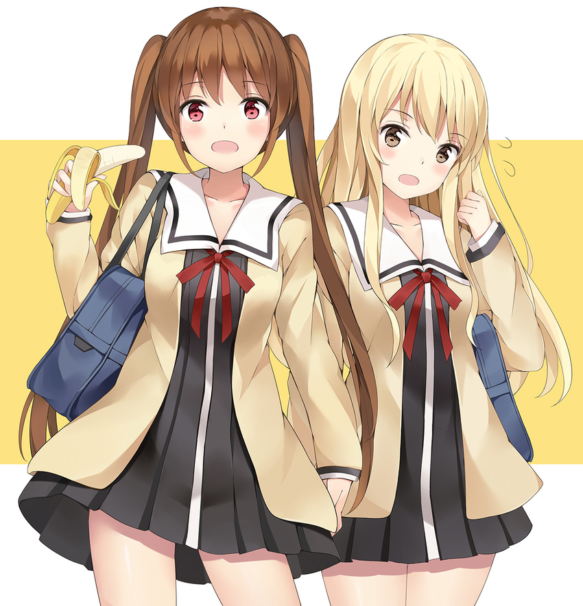 2girls aho_girl bag banana blonde_hair blush brown_hair collarbone food fruit hanabatake_yoshiko highres long_hair long_sleeves looking_at_viewer multiple_girls open_mouth photoshop_(medium) school_bag smile sumino_sayaka twintails yukinoshita_(shaonjishi)