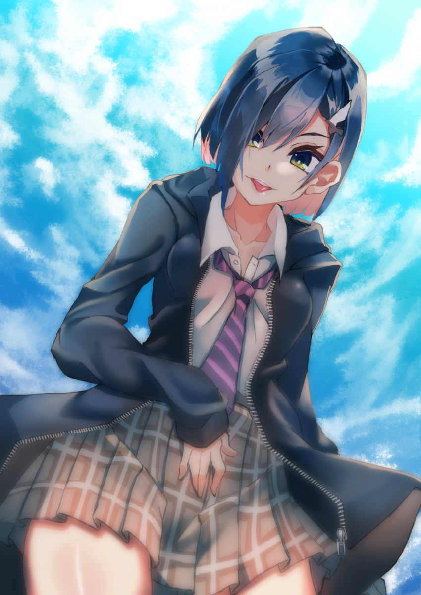 backlighting black_jacket blue_hair blue_sky bob_cut breasts breasts_apart bright_pupils brown_skirt cloud cloudy_sky collarbone collared_shirt commentary cowboy_shot darling_in_the_franxx day diagonal-striped_clothes diagonal-striped_necktie female green_eyes grey_skirt hair_ornament hair_over_one_eye hairclip highres ichigo_(darling_in_the_franxx) jacket long_sleeves looking_at_viewer looking_down loose_necktie miniskirt necktie open_clothes open_jacket outdoors plaid plaid_skirt pleated_skirt purple_necktie school_uniform shirt short_hair silver_(suwakosuwako) skirt sky solo standing striped_clothes striped_necktie swept_bangs symbol-only_commentary tongue tongue_out unzipped white_pupils white_shirt zipper