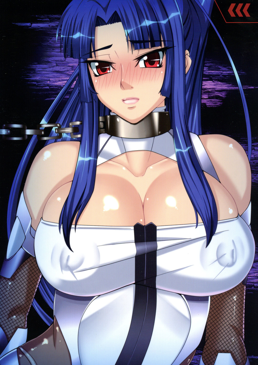 00s bare_shoulders blue_hair blush bodysuit breasts collar elbow_gloves female female fishnets gloves highres huge_breasts lips long_hair looking_at_viewer nipples ponytail r-wade red_eyes skin solo sweat taimanin_(series) taimanin_asagi taimanin_murasaki yatsu_murasaki