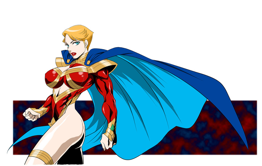 blonde_hair blue_eyes breasts cape cleavage_cutout clenched_hands clothing_cutout commentary_request eighth_wonder female haruka_athena impossible_clothes large_breasts leotard lips lipstick makeup mature_female muscular muscular_female photoshop_(medium) red_leotard sabachiyo_land short_hair skin_tight solo superhero_costume uchi_no_musume_ni_te_wo_dasuna!