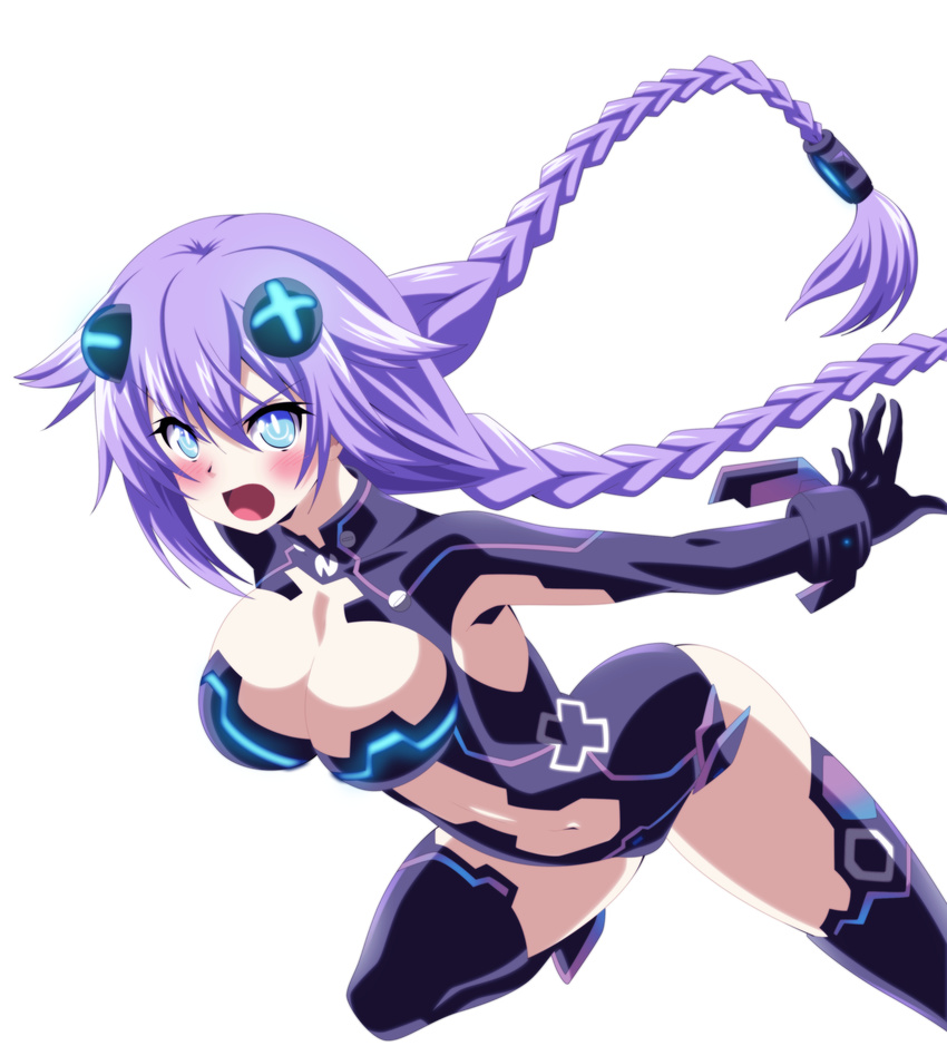 absurdres blue_eyes blush braid breasts cleavage commentary english_commentary female gloves hair_ornament highres large_breasts leotard long_hair looking_at_viewer neptune_(series) planeptune purple_hair purple_heart_(neptunia) solo symbol-shaped_pupils thighhighs transparent_background twin_braids very_long_hair