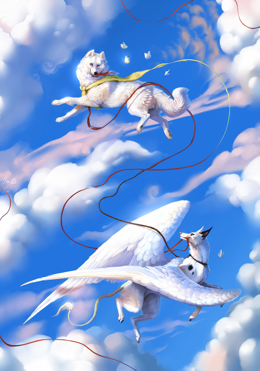 ambiguous_gender avian black_nose canid canine canis cloud day detailed_background duo_focus feathered_wings feathers group hi_res hybrid mammal ostinlein outside paws pink_nose sky skyscape smile white_body white_feathers wings wolf