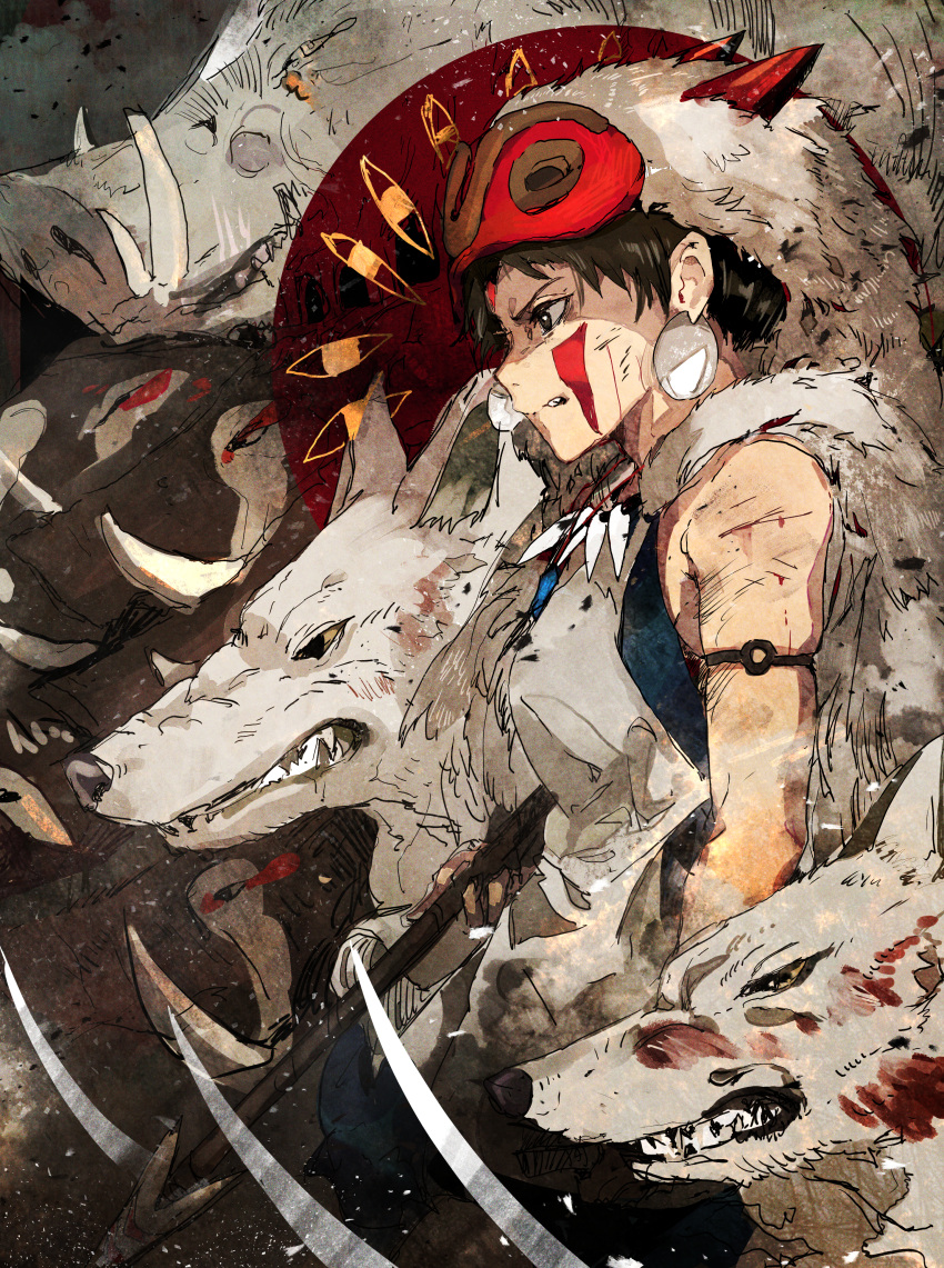 absurdres armband blood boar breasts brown_eyes brown_hair cape clenched_teeth closed_mouth commentary cowboy_shot earrings facepaint facial_mark female forehead_mark from_side fur_cape highres hiranko holding holding_polearm holding_weapon jewelry mask mask_on_head medium_breasts mononoke_hime moro_no_ichizoku necklace okkotonushi polearm profile san_(mononoke_hime) scowl short_hair skindentation sleeveless spear studio_ghibli teeth tooth_necklace tsurime weapon wolf