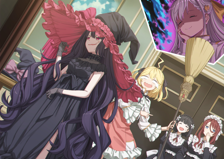 5girls :d ahoge anger_vein anisphia_wynn_palettia aura bags_under_eyes black_bow black_dress black_gloves black_hair black_headwear blonde_hair bow breasts broom brown_hair closed_eyes commentary covering_own_mouth dark_aura dress euphyllia_magenta frilled_hat frills gloves hair_ornament hairbow hand_on_own_cheek hand_on_own_face hat hat_bow highres holding holding_broom ilia_coral juliet_sleeves lainie_cyan long_hair long_sleeves maid maid_headdress military military_uniform mochi_(m0chi0000) multiple_girls pink_headwear pointing puffy_sleeves red_eyes shaded_face short_hair side_slit smile tensei_oujo_to_tensai_reijou_no_mahou_kakumei tilty_claret two_side_up uniform very_long_hair wavy_mouth witch_hat