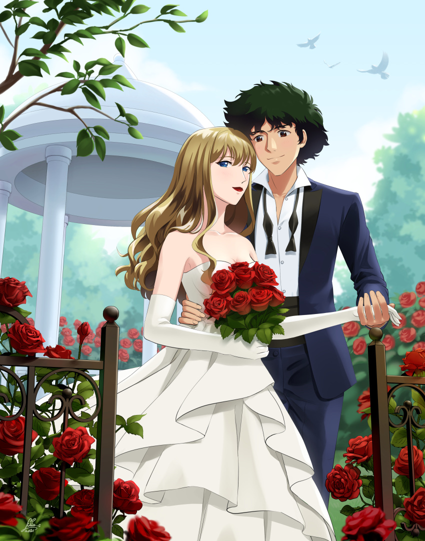 1boy absurdres blonde_hair blue_eyes brown_eyes commission couple cowboy_bebop dress female flower formal green_hair highres julia_(cowboy_bebop) lilia rose second-party_source spike_spiegel straight suit wedding wedding_dress