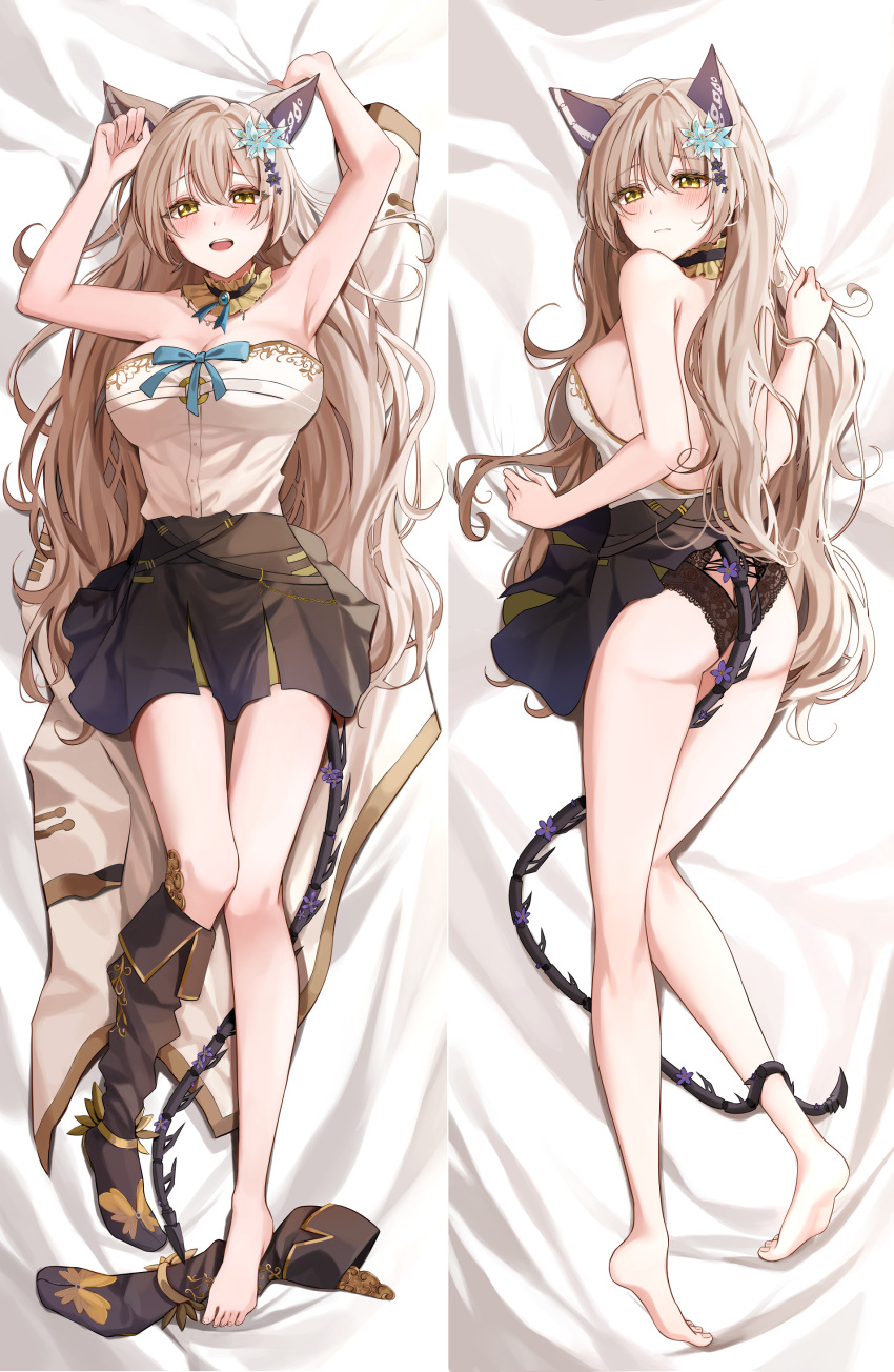 absurdres amyu_(amm_asl_pa) animal_ears armpits arms_up ass backless_outfit bad_id bad_pixiv_id bare_legs barefoot bed_sheet black_footwear black_panties black_skirt blue_ribbon blush boots breasts cleavage closed_mouth collar commentary dakimakura_(medium) detached_collar embarrassed english_commentary euphemia_chevalier female flower frilled_collar frills from_above full_body furrowed_brow hair_between_eyes hair_flower hair_ornament highres indie_virtual_youtuber knee_boots knees_together_feet_apart lace-trimmed_panties lace_trim light_brown_hair long_hair looking_at_viewer lying mechanical_tail medium_breasts miniskirt mixed-language_commentary multiple_views official_art on_back on_stomach open_mouth panties ribbon sheet_grab shirt sideboob single_boot skirt strapless strapless_shirt tail underwear unworn_boots virtual_youtuber wavy_hair white_shirt yellow_eyes