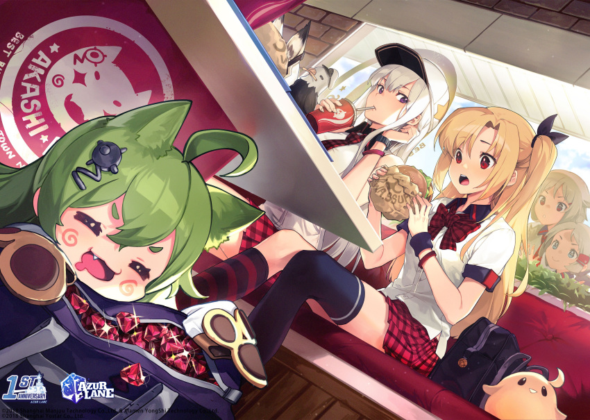 6+girls absurdres ahoge akashi_(azur_lane) animal_ears azur_lane bag bald_eagle baseball_cap bench bird blonde_hair blue_eyes blue_sky blush bow bowtie breasts burger casual cat_ears chibi cleveland_(azur_lane) closed_mouth commentary day denver_(azur_lane) drooling eagle eating english_commentary enterprise_(azur_lane) food gem gem_(azur_lane) glint green_hair grey_hair grim_(azur_lane) hair_between_eyes hair_intakes hair_ornament hat highres holding holding_food indoors large_breasts logo long_hair looking_at_viewer manjuu_(azur_lane) montpelier_(azur_lane) multiple_girls nagu necktie official_art one_side_up open_mouth parted_bangs purple_eyes red_bow red_bowtie red_eyes red_necktie shirt sitting skirt sky sleeves_past_wrists small_breasts smile very_long_hair white_hair white_headwear white_shirt window