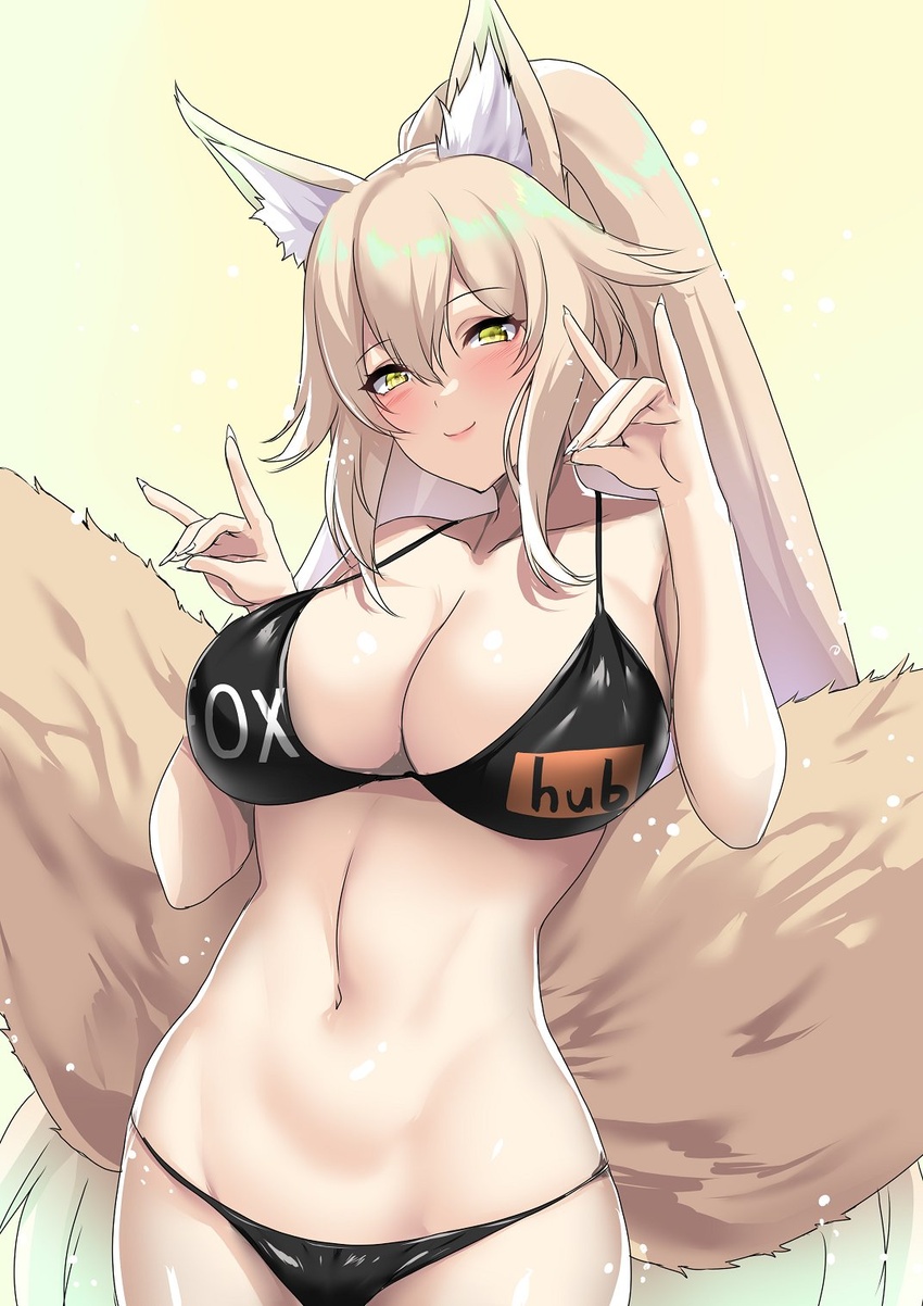 animal_ears bikini black_bikini blonde_hair blush breasts clothes_writing commission double_fox_shadow_puppet female fox_ears fox_girl fox_shadow_puppet fox_tail highres kitsune large_breasts long_hair looking_at_viewer navel nose_blush original ponytail pornhub second-party_source skeb_commission smile solo stomach string_bikini swimsuit tail very_long_hair yellow_eyes yuu_sagi