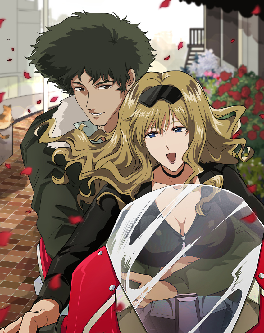 1boy absurdres blonde_hair blue_eyes brown_hair catsuit commission couple cowboy_bebop female green_hair highres julia_(cowboy_bebop) md5_mismatch motor_vehicle motorcycle naozi second-party_source spike_spiegel straight