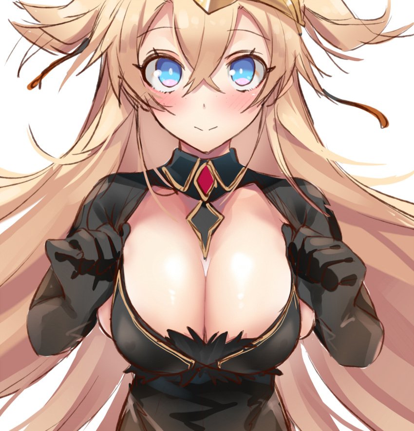 black_dress blonde_hair blue_eyes blush breasts character_request cleavage closed_mouth copyright_request crossed_bangs dress female framed_breasts hair_between_eyes highres kiyu_rei large_breasts long_hair looking_at_viewer simple_background solo split_mouth strap_pull two_side_up upper_body white_background