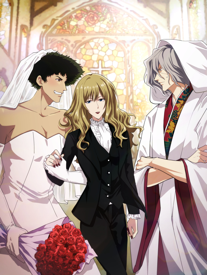 2boys absurdres blonde_hair bridal_veil bride brown_eyes church commission cowboy_bebop crossdressing dress female flower formal green_hair grey_hair highres holding_hands japanese_clothes julia_(cowboy_bebop) kimono love_triangle multiple_boys naozi rose second-party_source shiromuku spike_spiegel straight suit uchikake veil vicious_(cowboy_bebop) wataboushi wedding wedding_dress