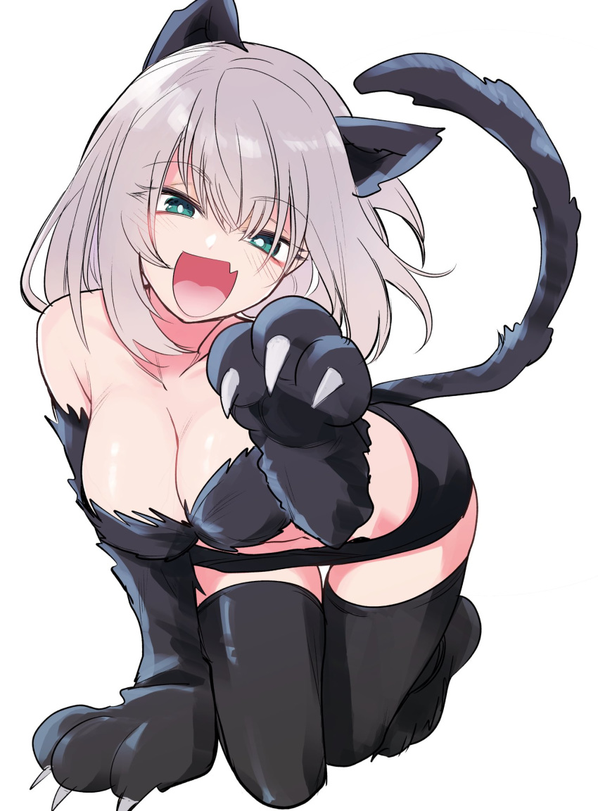 animal_ears azu_(azu401) bad_id bad_twitter_id breasts cat_ears cat_girl cat_tail cleavage female green_eyes grey_hair hair_between_eyes highres oerba_yun_fang paw_pose solo tail tail_raised tejina_senpai tejina_senpai_(series) white_background