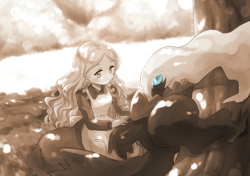 alicia_(pokemon) apron blue_eyes blue_sclera blush breasts bright_pupils closed_mouth colored_sclera commentary_request dappled_sunlight darkrai day dress eye_contact female floating_hair grass hands_up happy highres light_blush long_hair long_sleeves looking_at_another monochrome outdoors pokemon pokemon:_the_rise_of_darkrai pokemon_(anime) pokemon_(creature) pokemon_dppt_(anime) sepia sitting small_breasts smile smoke spot_color sunlight tree whisp white_hair white_pupils yuki56