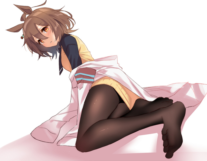 agnes_tachyon_(umamusume) ahoge animal_ears bad_id bad_twitter_id black_necktie breasts brown_pantyhose female full_body hair_between_eyes highres horse_ears kiyu_rei lab_coat long_sleeves looking_at_viewer necktie no_shoes off_shoulder orange_eyes pantyhose parted_lips short_hair sitting small_breasts solo sweater umamusume yellow_sweater yokozuwari