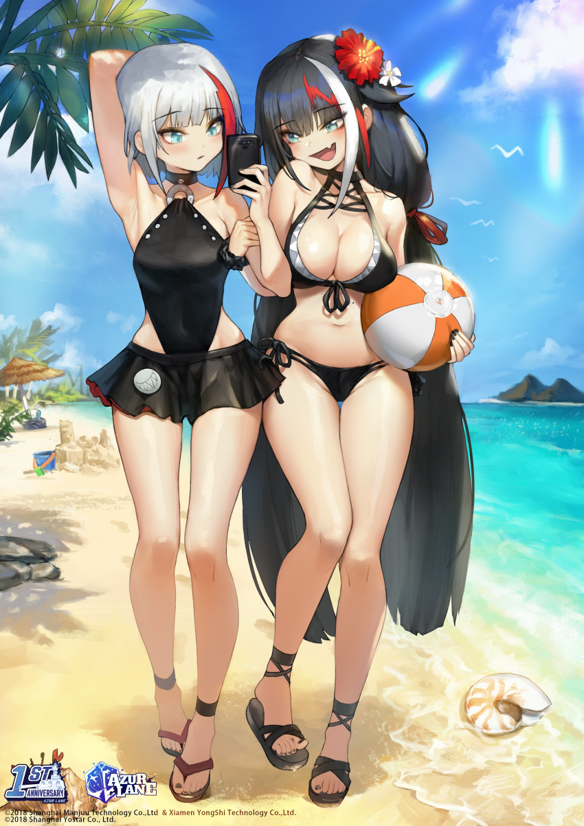 2girls :d absurdres admiral_graf_spee_(azur_lane) alternate_costume ankle_strap arm_behind_head armpits azur_lane ball beach beachball bikini bikini_skirt black_bikini black_choker black_hair black_nails black_one-piece_swimsuit black_scrunchie black_skirt blue_eyes blue_sky blush breasts cellphone choker cleavage cloud day deutschland_(azur_lane) deutschland_(service_time?!)_(azur_lane) flip-flops flower full_body hair_flower hair_ornament hibiscus highleg highleg_swimsuit highres holding holding_ball holding_phone large_breasts locked_arms long_hair multicolored_hair multiple_girls nail_polish navel ocean oerba_yun_fang official_alternate_costume one-piece_swimsuit open_mouth outdoors phone red_hair romana sand sandals scrunchie shell short_hair sidelocks skin_fang skirt sky smartphone smile streaked_hair swimsuit toenail_polish toenails toes very_long_hair watermark white_hair wrist_scrunchie