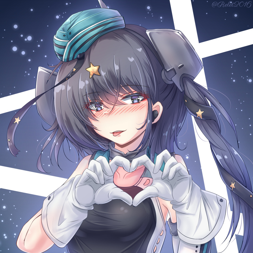 aqua_hat black_one-piece_swimsuit black_ribbon breasts female garrison_cap gloves grey_eyes grey_hair hair_ornament hair_ribbon hat heart heart_hands highres kantai_collection long_hair one-piece_swimsuit ribbon riretsuto scamp_(kancolle) side_ponytail small_breasts solo star_(symbol) star_hair_ornament swimsuit taut_clothes taut_swimsuit tongue tongue_out upper_body white_gloves