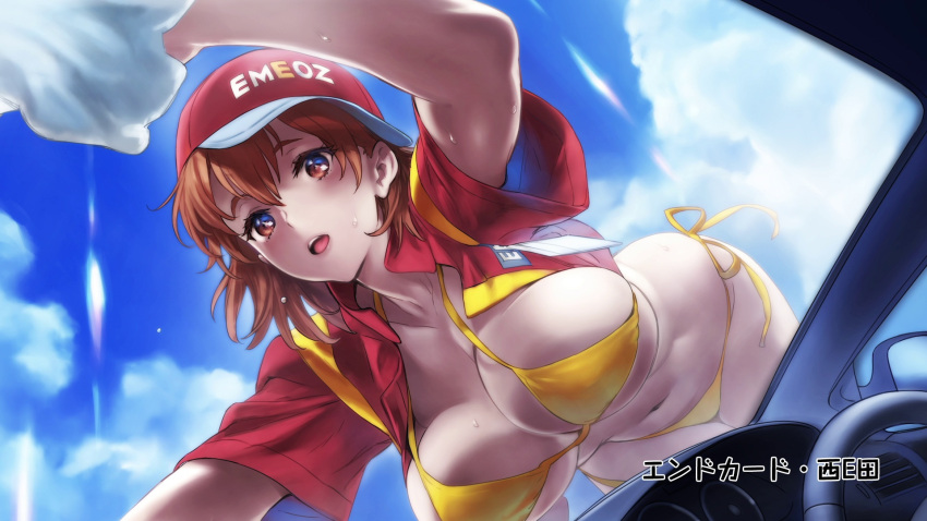 baseball_cap bikini breasts car car_interior clothes_writing day dogeza_de_tanondemita female hat highres large_breasts leaning_forward medium_hair motor_vehicle navel nishieda open_clothes open_mouth open_shirt red_eyes red_hair short_sleeves side-tie_bikini_bottom solo swimsuit translation_request washing_vehicle wet yellow_bikini