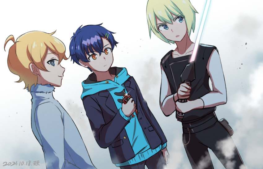 3boys alpha_omega_nova asanaka_yomogi black_pants black_vest blonde_hair blue_hoodie blue_jacket blue_lightsaber bright_pupils chinese_commentary commentary company_connection crossover dyna_soldier energy_sword enoki_jun'ya grey_hoodie gridman_universe hair_ornament hairclip holding holding_lightsaber holding_sword holding_toy holding_weapon hood hoodie jacket karre_(star_wars) lightsaber looking_ahead male_focus mixed-language_commentary multiple_boys open_mouth pants smile ssss.dynazenon star_wars star_wars:_visions sword tenten_(kitty) toy trigger_(company) uchuu_patrol_luluco vest voice_actor_connection weapon white_pupils