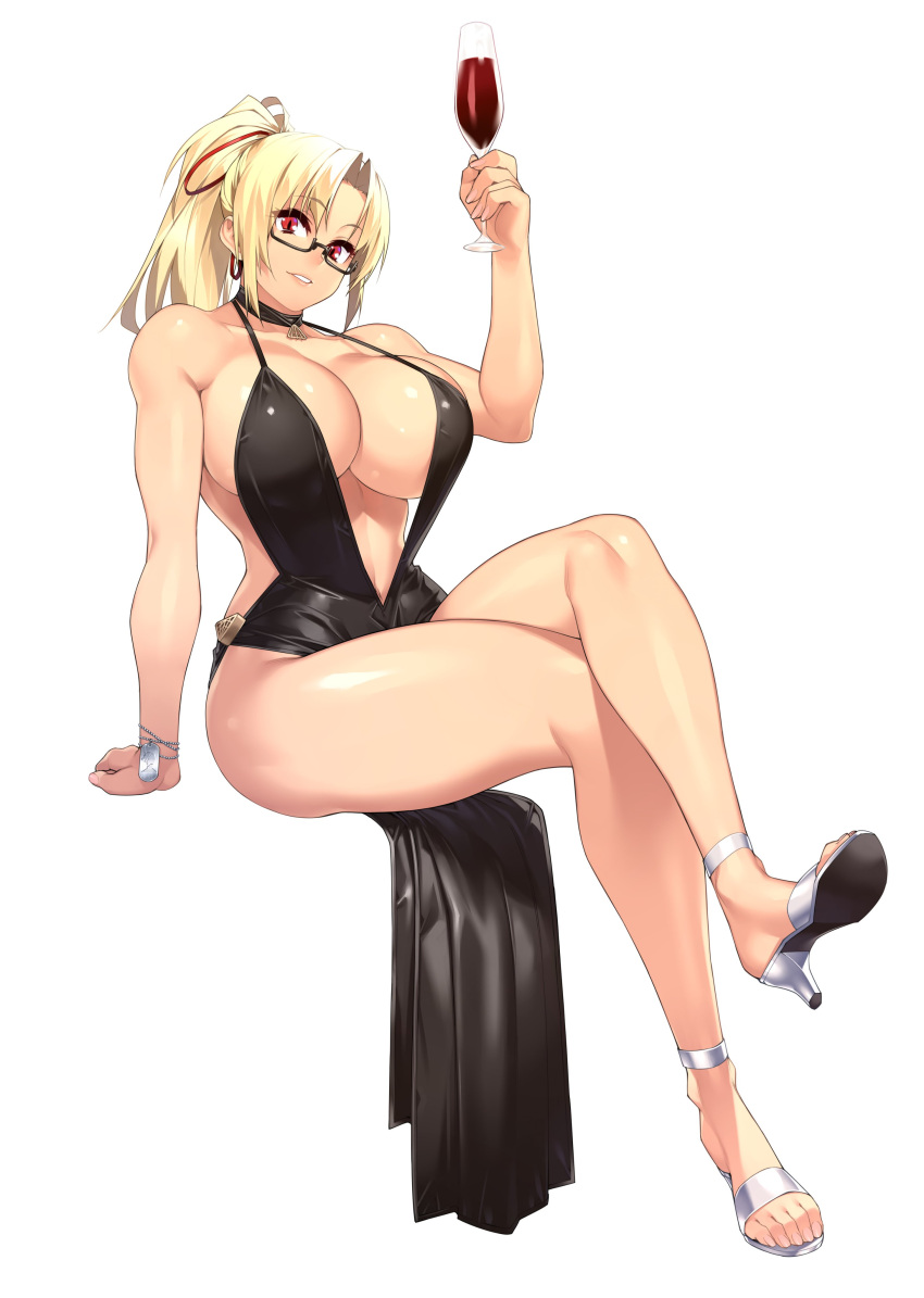 23_(real_xxiii) absurdres alcohol arm_support blonde_hair breasts center_opening choker cleavage commentary_request cup dress drinking_glass female full_body gakuen_taisen_valkyries glasses high_heels highres holding holding_cup huge_breasts looking_at_viewer nanashi_no_touhoku_kenjin navel no_panties noel_fortenmayer parted_lips plunging_neckline ponytail red_eyes simple_background sitting sleeveless solo teeth white_background wine wine_glass