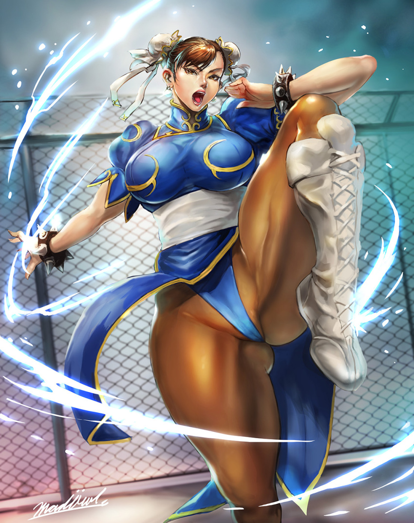 :o blue_dress boots bracelet breasts brown_eyes brown_hair brown_pantyhose bun_cover cameltoe china_dress chinese_clothes chun-li cross-laced_footwear double_bun dress earrings female fence hair_bun highres jewelry lipstick madowl makeup medium_breasts open_mouth pantyhose pelvic_curtain puffy_sleeves short_sleeves signature solo spiked_bracelet spikes street_fighter teeth white_footwear