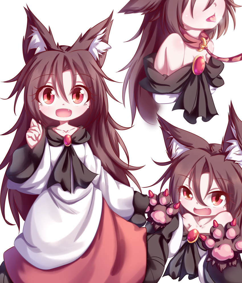 :d absurdres animal_collar animal_ear_fluff animal_ears animal_hands bad_id bad_pixiv_id bare_shoulders breasts brown_hair collar commentary dior-zi dress female gloves heavy_breathing highres imaizumi_kagerou leash long_hair looking_at_viewer oerba_yun_fang off_shoulder open_mouth paw_gloves red_eyes sleeves_past_wrists small_breasts smile tongue tongue_out touhou wide_sleeves wolf_ears