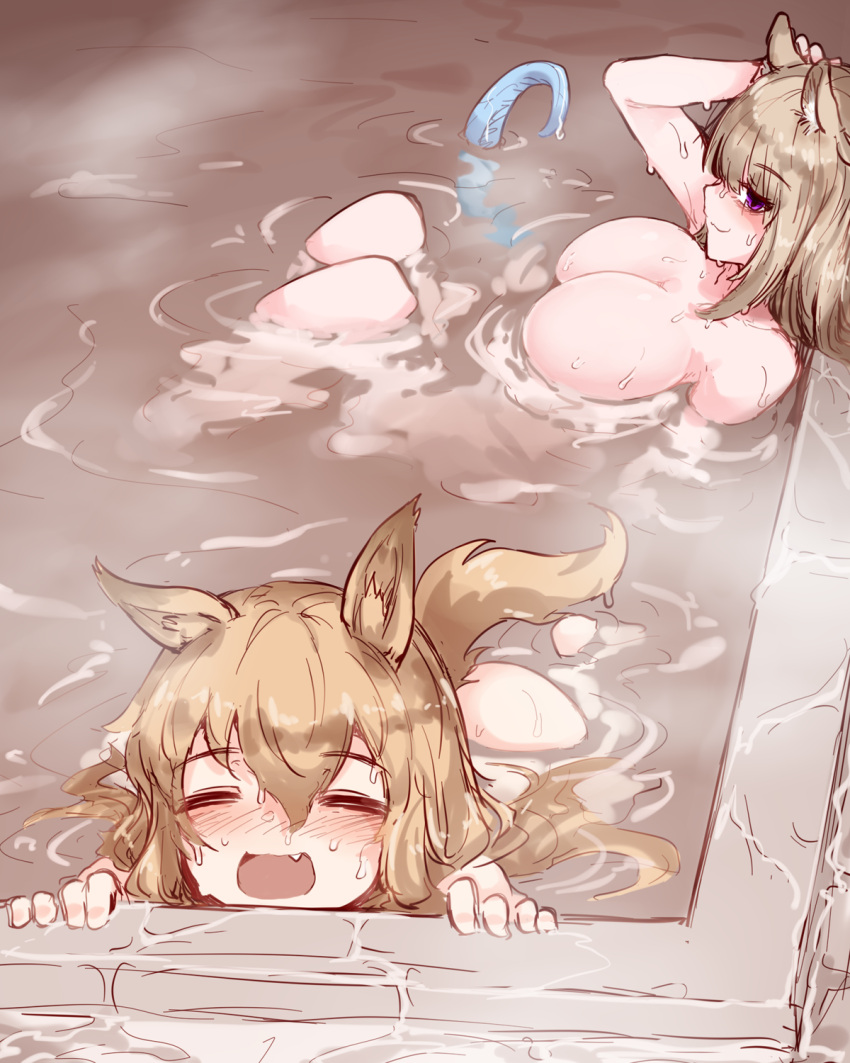 2girls :d animal_ears arknights arm_up bath bathing blue_tail blush breasts brown_hair ceobe_(arknights) closed_eyes commentary dog_ears dog_girl dog_tail hand_on_own_head highres hourai_kochou huge_breasts knees_to_chest long_hair medium_hair multiple_girls nude oerba_yun_fang open_mouth partially_submerged purple_eyes same-sex_bathing shared_bathing sideways_glance sitting smile tail utage_(arknights) water water_drop wet wet_hair wet_tail