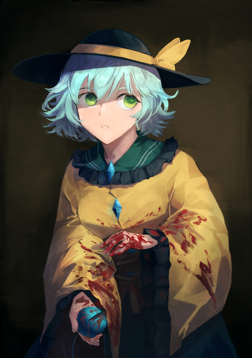 blood blood_on_clothes blood_on_hands blue_hair cowboy_shot dark_background eyebrows_hidden_by_hair female green_eyes hair_between_eyes hat highres jichou_senshi komeiji_koishi light_blue_hair looking_to_the_side parted_lips shirt short_hair simple_background solo third_eye touhou wide_sleeves yellow_shirt