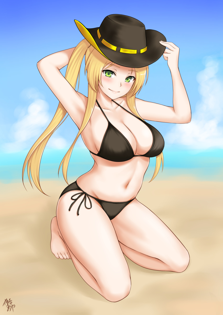 azur_lane barefoot beach bikini black_bikini blonde_hair blush breasts cleavage collarbone commentary_request cowboy_hat day female green_eyes hat highres hornet_(azur_lane) kamui_aya large_breasts long_hair looking_at_viewer midriff navel outdoors side-tie_bikini_bottom signature simple_background sitting smile solo swimsuit toes twintails very_long_hair