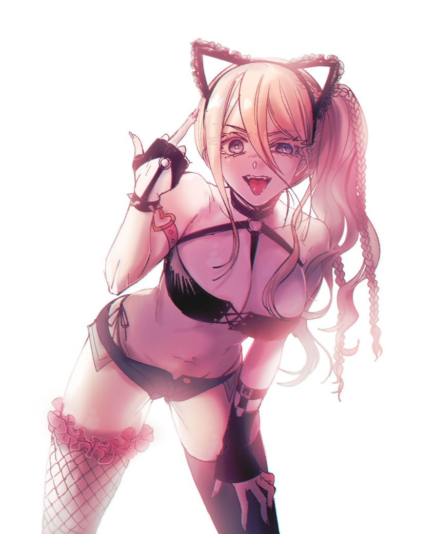 :p animal_ears asymmetrical_legwear bare_shoulders black_choker black_gloves black_legwear black_shorts blonde_hair blue_eyes bracelet braid breasts cat_ears choker clothing_request collarbone commentary cowboy_shot danganronpa_(series) danganronpa_v3:_killing_harmony fake_animal_ears fangs female fingerless_gloves fishnet_thighhighs fishnets gloves gwanlamcha hair_between_eyes hand_on_own_thigh highres iruma_miu jewelry large_breasts leaning_forward long_hair looking_at_viewer micro_shorts middle_finger mismatched_legwear navel o-ring o-ring_choker o-ring_top open_clothes open_fly open_mouth open_shorts panties shorts side-tie_panties side_ponytail simple_background solo spiked_bracelet spikes stomach symbol-only_commentary thighhighs tongue tongue_out underwear white_background