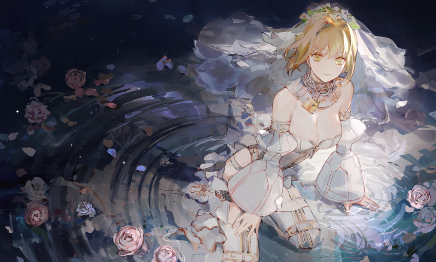 arm_support black_theme blonde_hair blue_theme breasts bridal_veil chains cleavage eyebrows fate/grand_order fate_(series) female flower green_eyes hair_between_eyes large_breasts lock looking_at_viewer nero_claudius_(bride)_(fate) nero_claudius_(bride)_(second_ascension)_(fate) nero_claudius_(fate) petals rose short_hair sitting solo veil water white_legwear white_sleeves white_theme yueko_(jiayue_wu)