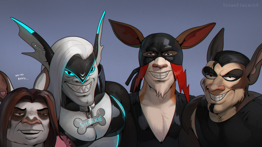 16:9 2021 anthro breasts brown_hair chin_tuft chris_(totesfleisch8) clothed clothing dagmar_(totesfleisch8) dog_tags english_text facial_tuft female fish group hair half-closed_eyes humor kangaroo macropod male mammal marine marsupial mask me_and_the_boys meme narrowed_eyes shark sharkie sharp_teeth smile taira_(totesfleisch8) teeth text totesfleisch8 tuft white_hair widescreen