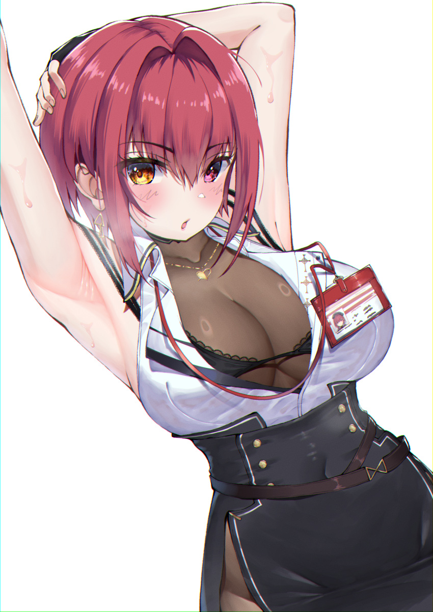 absurdres armpits arms_up black_gloves black_skirt blush bodystocking breasts cleavage collared_shirt commentary earrings female fingerless_gloves gloves heart heart_necklace heterochromia highres himeliofon hololive houshou_marine houshou_marine_(businesswoman) id_card jewelry large_breasts lips looking_at_viewer necklace office_lady official_alternate_costume open_mouth pantyhose red_eyes red_hair see-through see-through_cleavage shirt short_hair side_slit simple_background skirt sleeveless solo sweat virtual_youtuber white_background yellow_eyes