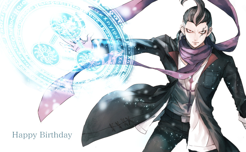 1boy black_hair black_jacket black_pants commentary_request cowboy_shot danganronpa_(series) danganronpa_2:_goodbye_despair earrings facial_tattoo floating_scarf happy_birthday jacket jewelry legs_apart long_sleeves looking_at_viewer magic_circle male_focus multicolored_hair open_clothes pants print_shirt ring sakuyu scarf shirt short_hair solo standing tanaka_gundham tattoo white_shirt