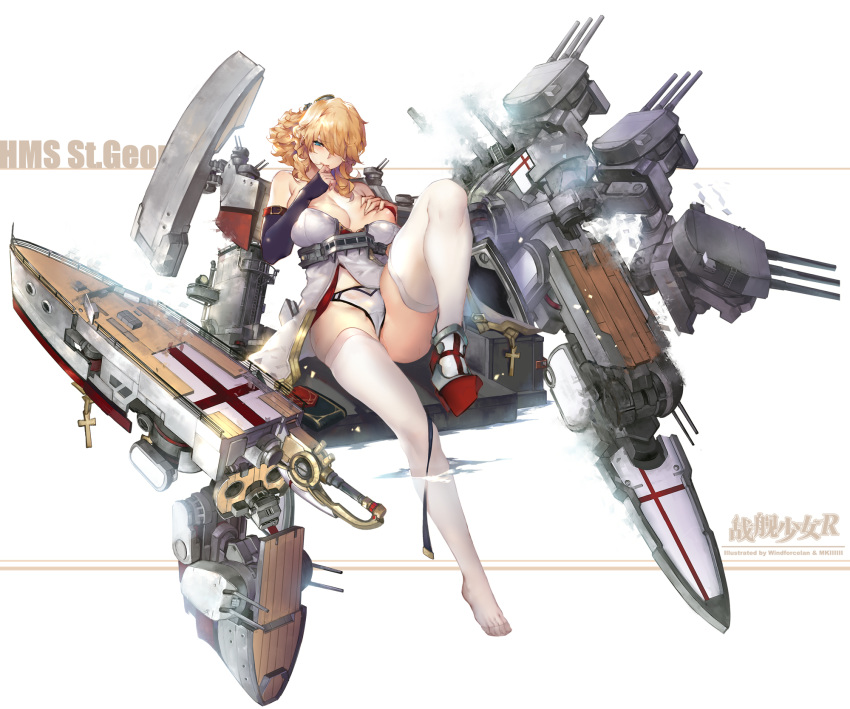 blonde_hair blue_eyes breasts cannon cross damaged female high_heels highres large_breasts machinery panties ponytail saint_george_(warship_girls_r) sidelocks smoke solo thighhighs turret underwear warship_girls_r white_panties white_thighhighs windforcelan