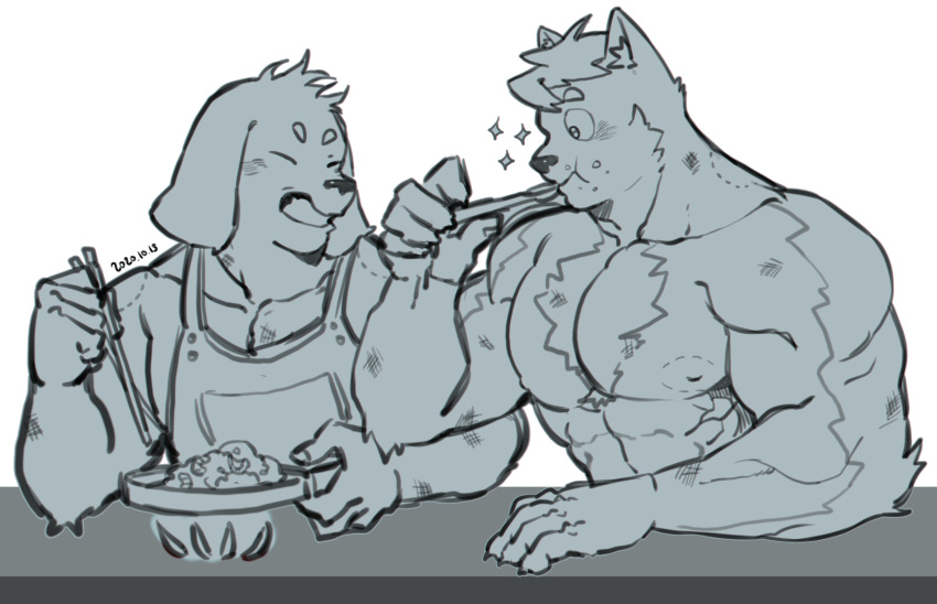 2boys absurdres animal_ear_fluff animal_ears apron bara blue_doggo_(ttn) bruise couple dog_boy dog_ears eating facial_hair furry furry_male goatee_stubble happy hickey highres injury large_pectorals male_focus monochrome multiple_boys muscular muscular_male naked_apron nipples original pectorals short_hair sparkle stubble thick_eyebrows ttn_(239_239) two-tone_fur upper_body white_fur yaoi