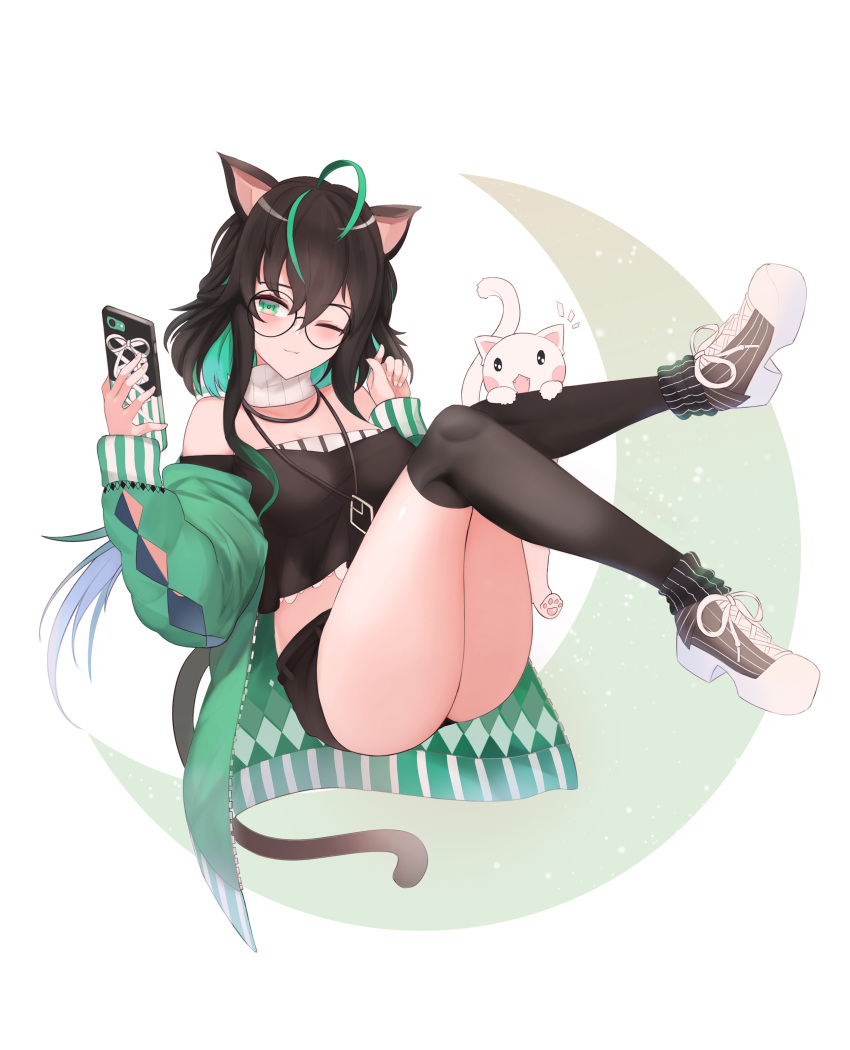 ;3 absurdres ahoge animal_ears ass bad_id bad_pixiv_id bare_shoulders black_hair black_shorts black_thighhighs blush breasts cat_ears cat_girl cat_tail cellphone feet_up feline female full_body glasses green_eyes green_hair green_jacket hair_between_eyes highres holding holding_phone jacket jewelry long_hair long_sleeves looking_at_viewer medium_breasts midriff necklace nijisanji nijisanji_kr official_art one_eye_closed open_clothes open_jacket over-kneehighs phone shin_yuya shin_yuya_(1st_costume) short_shorts shorts smartphone solo tail thighhighs thighs ts_levia virtual_youtuber